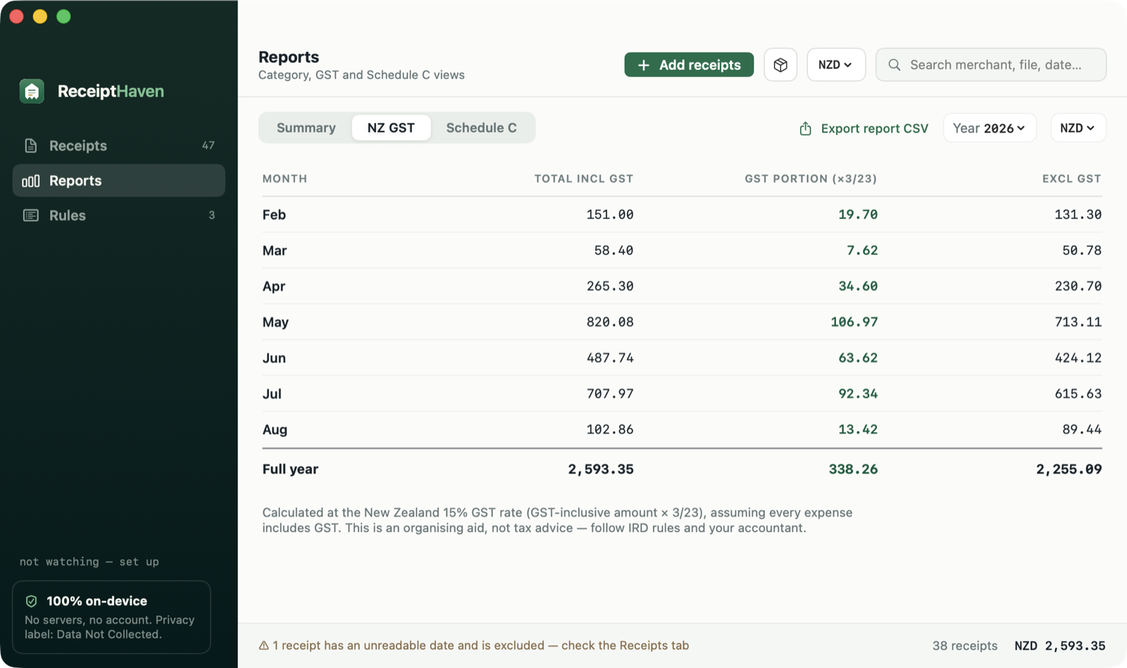 ReceiptHaven NZ GST report — monthly totals with the GST portion calculated